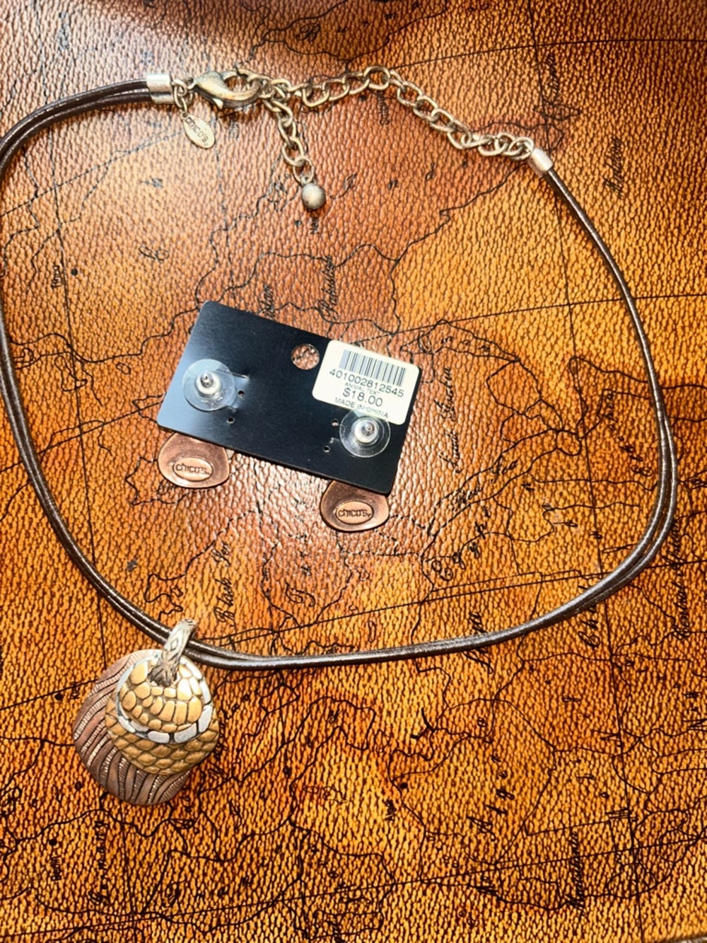 Chico's Metal Pendant Corded Necklace & Earring Set Copper/Brass/Silver - Picture 5 of 9